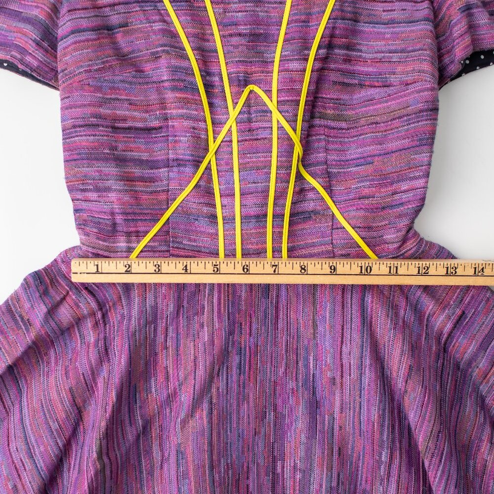 Handmade Women's Small Purple Fit Flare Dress Yellow Piping Short Sleeve Pockets - Picture 8 of 8